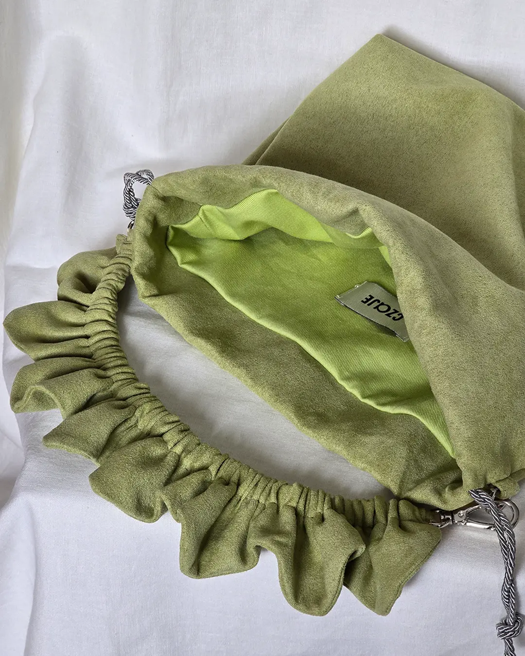 Mała torebka na ramię Flowerhead Light Green Silver tkanina tekstylna srebrne okucia handmade - Czaje Polska