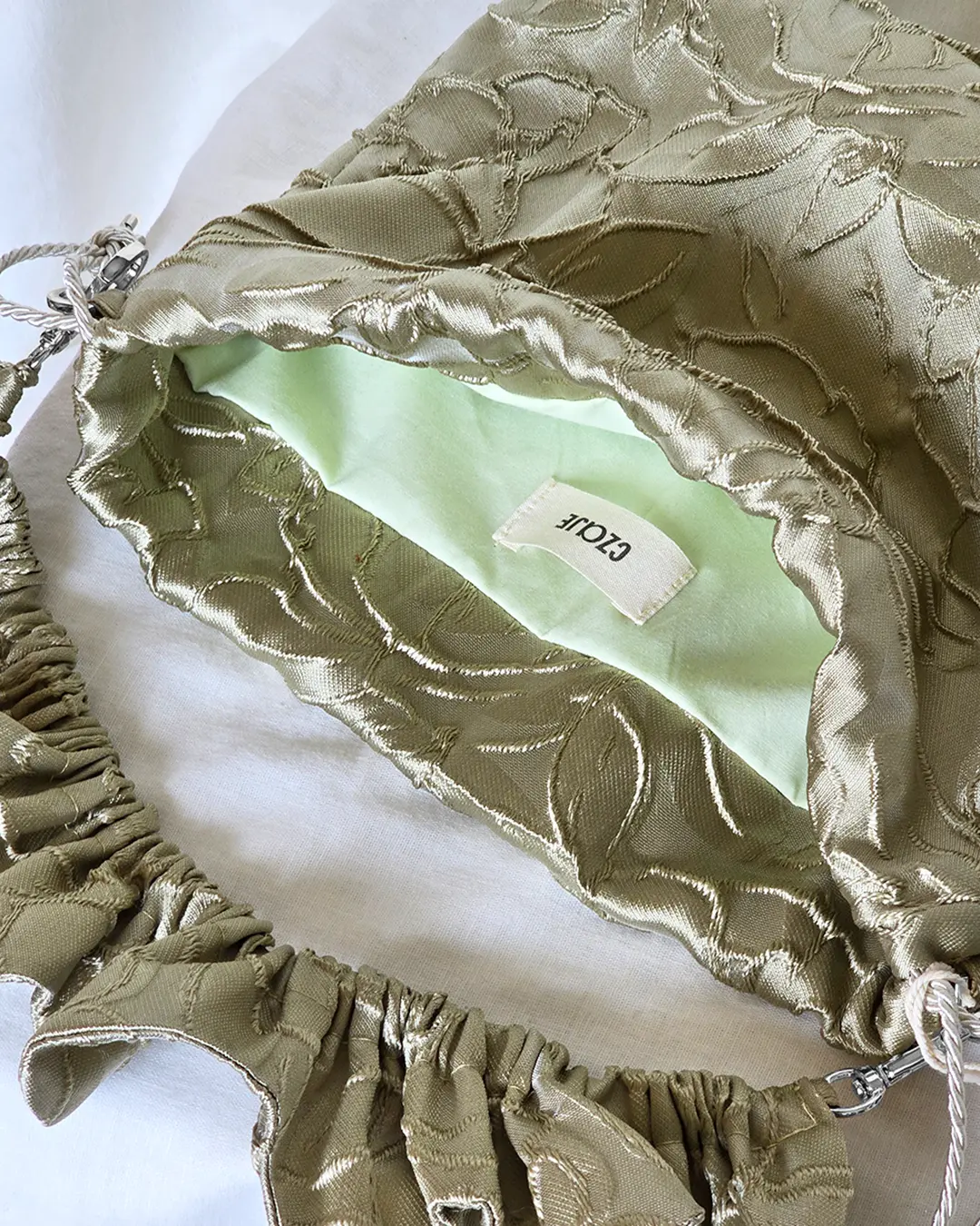 Mała torebka na ramię Flowerhead Olive Branch Silver tkanina tekstylna srebrne okucia handmade - Czaje Polska