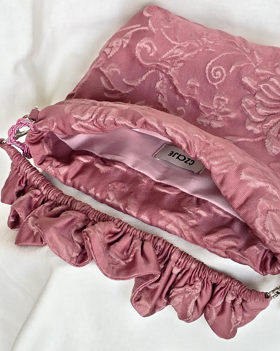 Mała torebka na ramię Flowerhead Dusty Rose Silver tkanina tekstylna srebrne okucia handmade - Czaje Polska