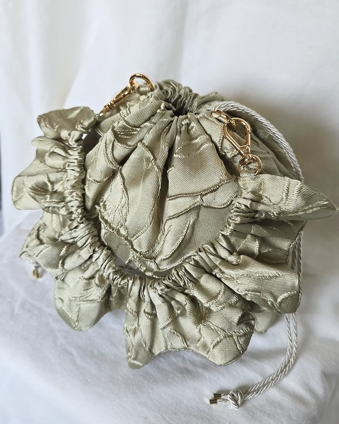Mała torebka na ramię Flowerhead Olive Branch Gold tkanina tekstylna złote okucia handmade - Czaje Polska