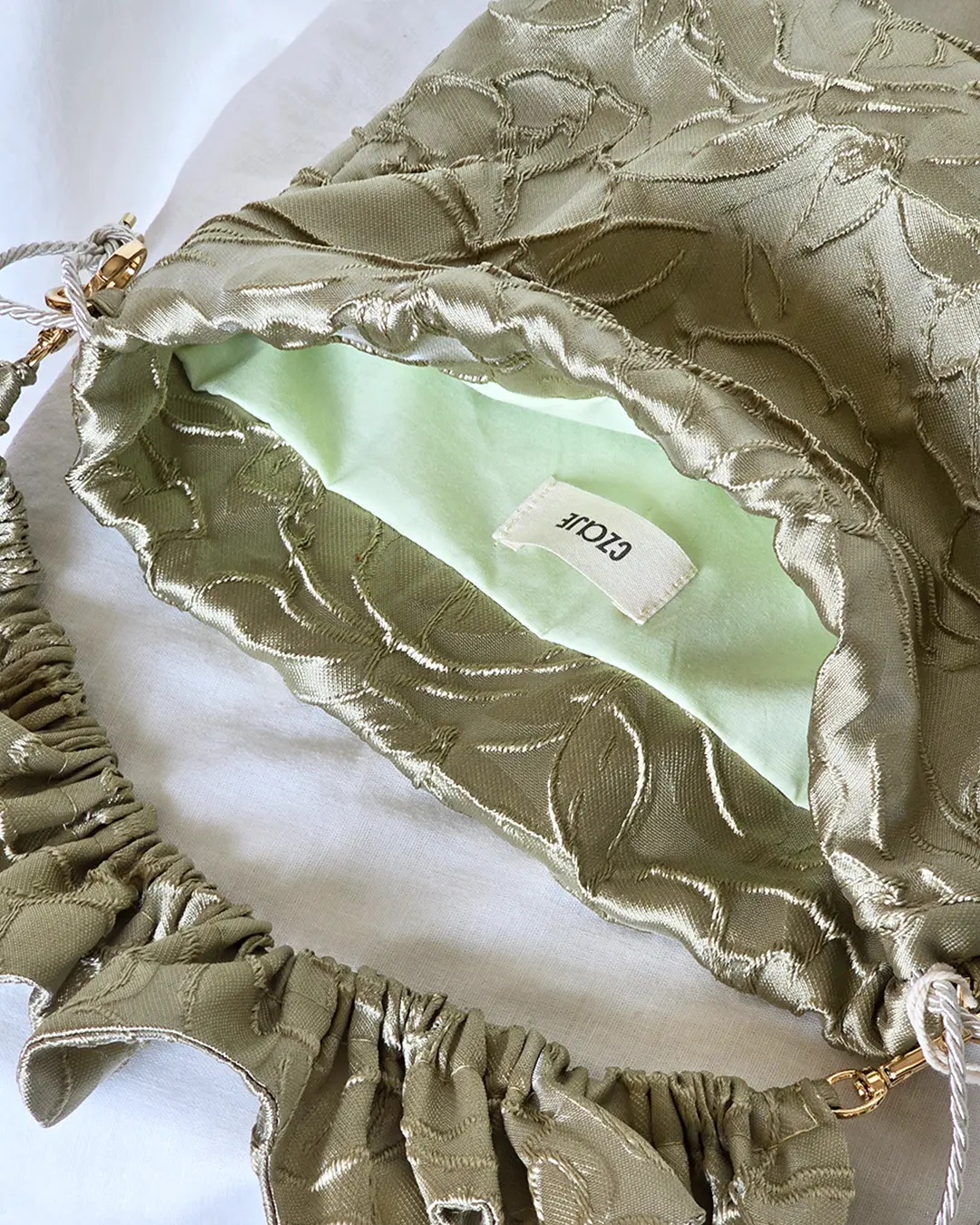 Mała torebka na ramię Flowerhead Olive Branch Gold tkanina tekstylna złote okucia handmade - Czaje Polska