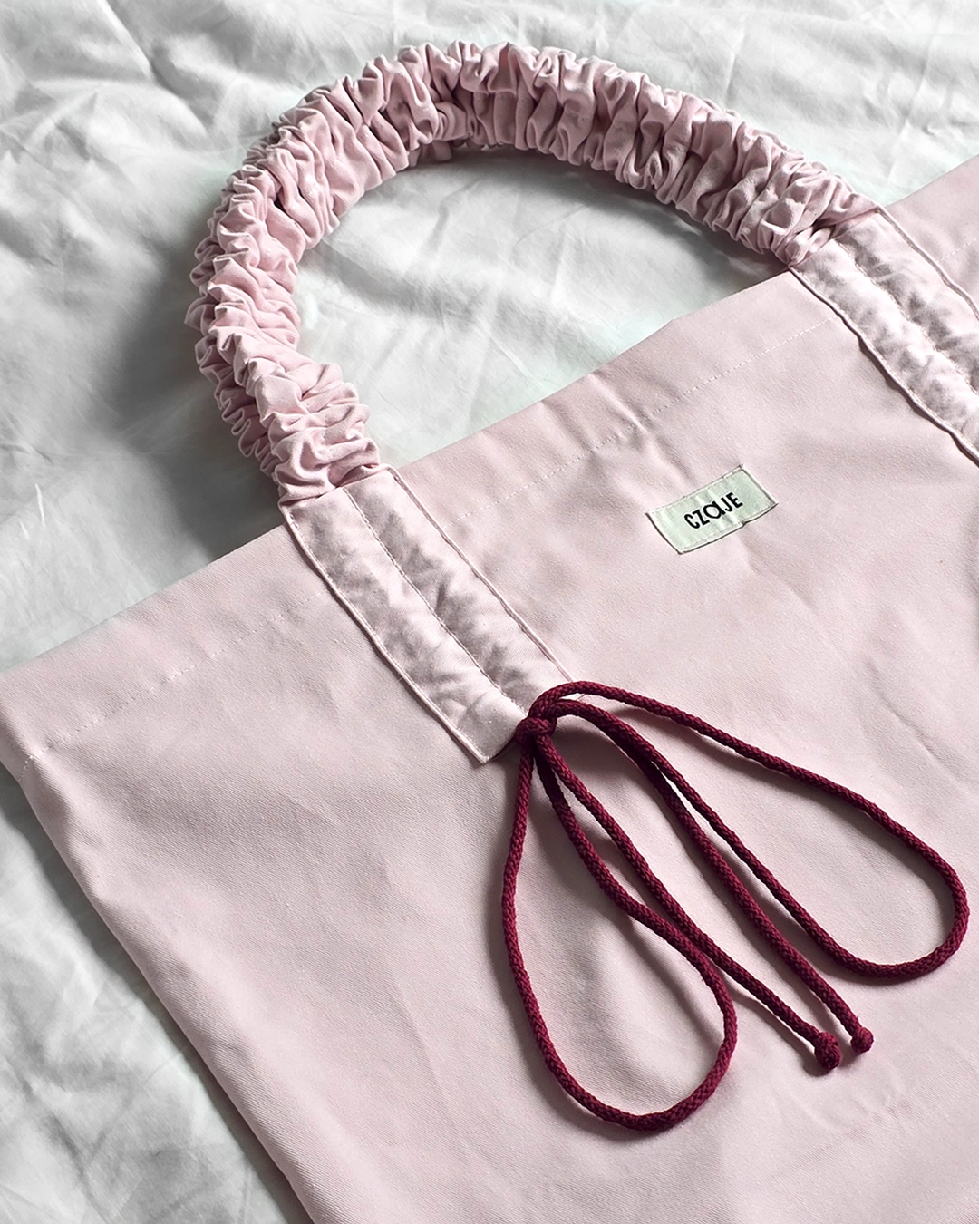 Bawełniana shopperka Shopperka Różowa Bordo różowa z bordowym sznurkiem handmade regulowany pasek - Czaje Polska